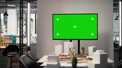 Development and Property Planning with Copy Space on TV in Empty Office