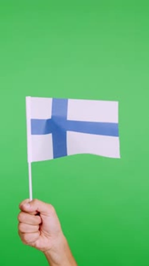 Arm Holds a Waving Flag Against Green Background