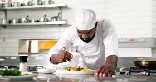 Plating, man and chef in kitchen for cooking at restaurant for meal preparation