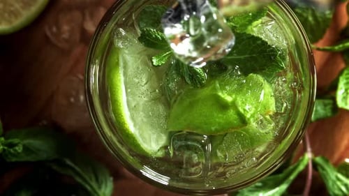 Ice Falls Into a Mojito Cocktail Filmed on a Highspeed Camera at 1000 Fps