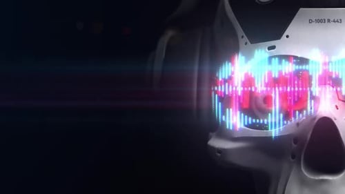 stilisierter menschlicher Science-Fiction-Schädel in Augmented-Reality-Brille mit dynamischer Animation