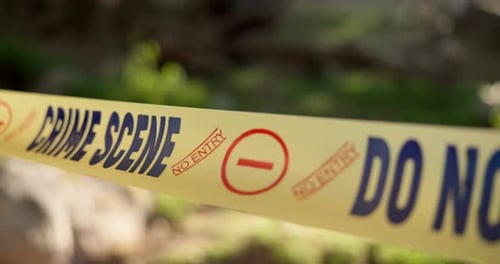 Police, yellow line or crime scene in outdoor for emergency, homicide or restricted area