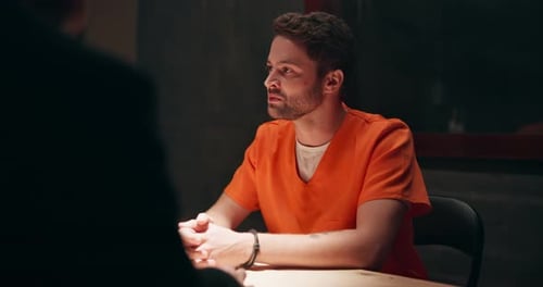 Man, interview and criminal in jail for arrest, legal interrogation with police for report