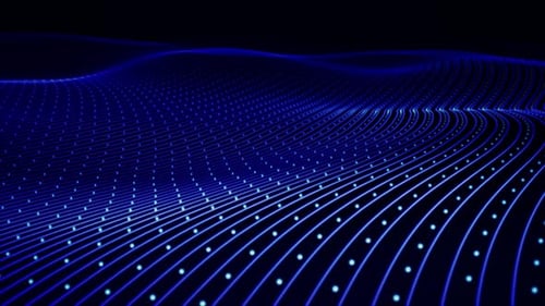 Abstract 3D background of glowing blue neon lines and dots forming smooth digital wave field