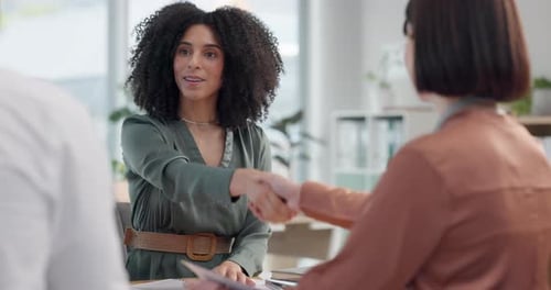 Meeting, handshake and business people in office with thank you, welcome or hiring success