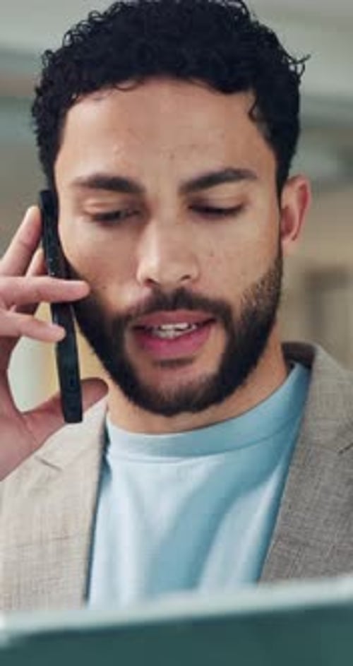 Business man, phone call and tablet with conversation, review online research or deal negotiation