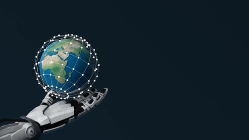 Robotic Hand Holding Spinning Earth with Digital Network