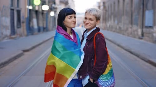 Portrait of the Lgbt Couple Standing Together in the Street Looking at Camera