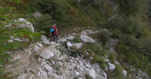 Male hiker wearing backpack climbs down rocky trail or mountain path, rear view