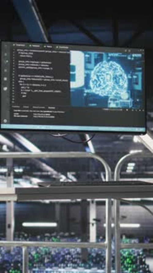 Vertical Video Elevated Industrial Data Center Control Station Screen Monitoring AI Servers