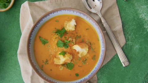 Food, Cooking and Eating Concept - Pumpkin Puree Soup in Bowl And
