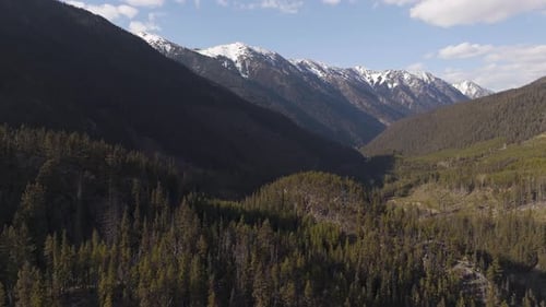 Aerial View of British Columbia Mountain Valley with Forest and Snow Capped Peaks