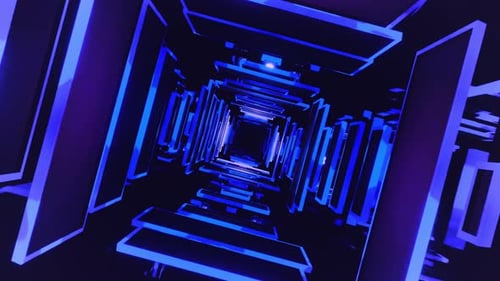 Blue futuristic tunnel stretches ahead