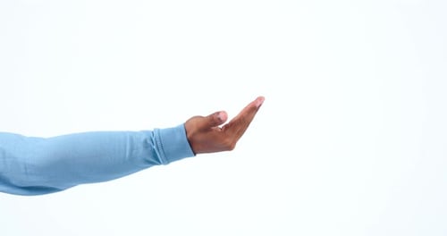Isolated, calling gesture and a hand on a white background for communication