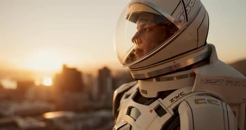 Space, travel and astronaut in city with planet, future dystopia and suit for discovery