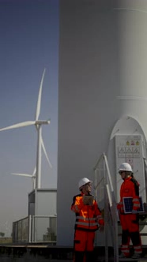 Engineers work at windmill farm.