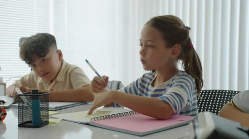 Two Bi-ethnic Elementary School Pupils Studying at Desk