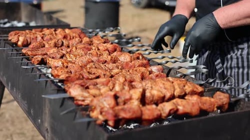 Marinated Shish Kebab Shashlik is Cooked on a Barbecue Grill on Coals