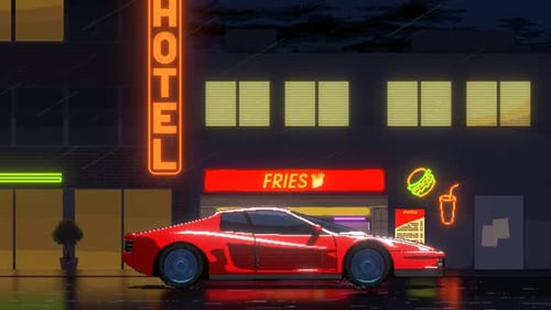 Pixel Art Red Sports Car In I Rainy Night City