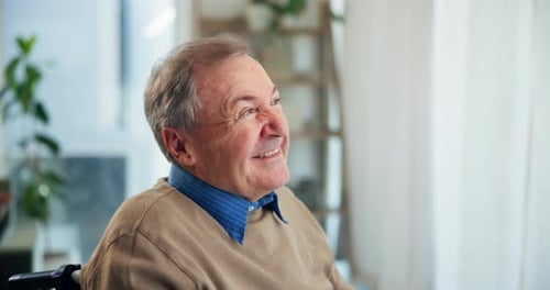 Senior, wheelchair and man with thinking in home for happy memory, remember and rehabilitation hope