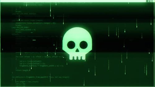 Pixelated Skull Glitch with Scrolling Code Background