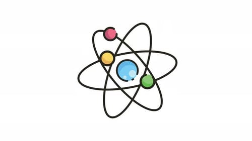 El icono de la ciencia muestra una colorida ilustración de una estructura de partículas atómicas que simboliza una