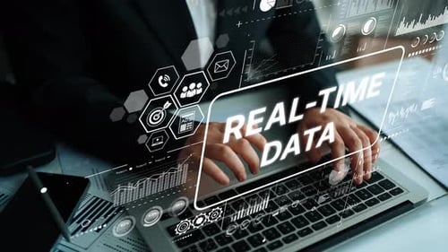 Female Hands Type on Laptop with Data Overlay