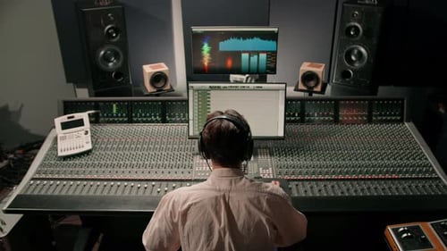 Engenheiro de áudio enérgico, produtor trabalhando em estúdio de gravação, mixando faixas no console e criador de sucessos.