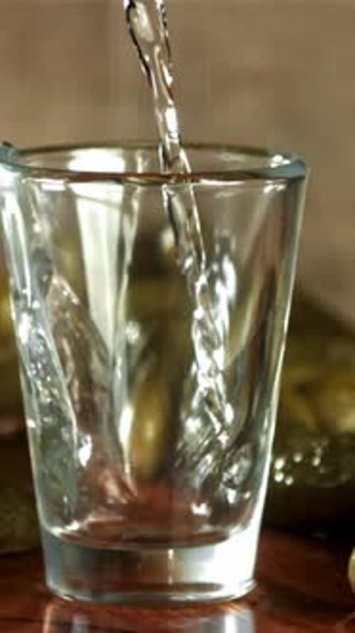 Vodka é despejada em um copo, filmada em uma câmera de alta velocidade a 1000 Fps