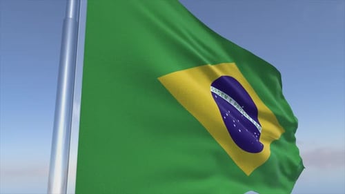 Realistic Brazilian Flag Waving on Pole Against Blue Sky