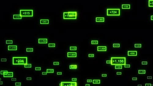 Camera Flying Through Green Digital Number Randomly Moving With Square Shape On Black Background