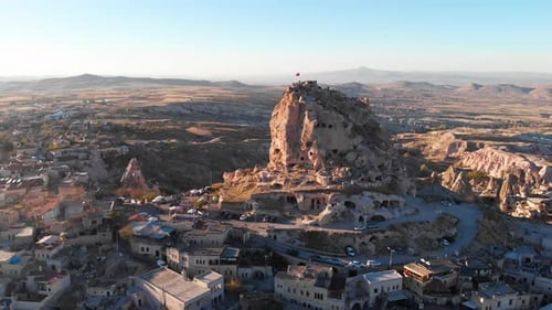 Aerial view to Uçhisar fortress in Goreme Cappadocia, Turkey