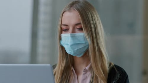 Portrait Caucasian Business Woman Typing Laptop Wearing Face Medical Mask Businesswoman in Office