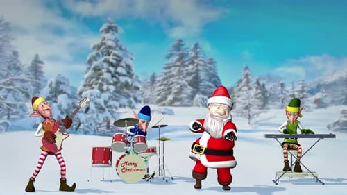 Funny Santa Claus and Elfs Play Musical Instruments in