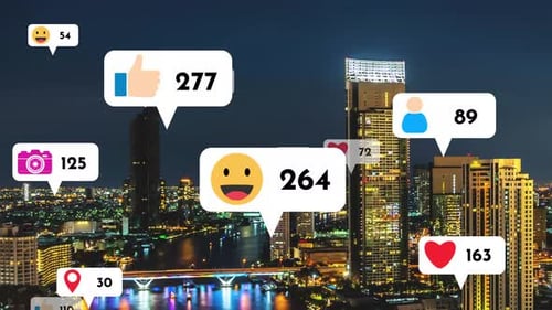 Social Media Icons Fly Over City Downtown Showing People Reciprocity Connection