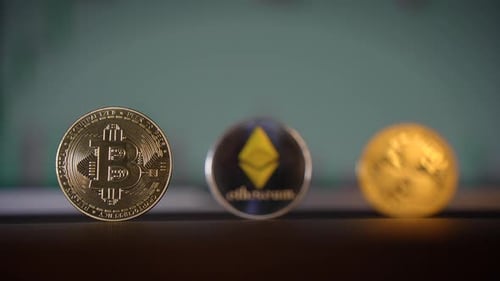 Gold Bitcoin, Ethereum Coins, Cryptocurrency, Close Up