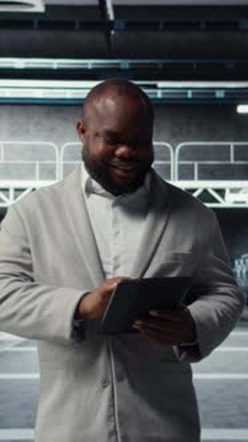 Vertical Video System Administrator Walking in Server Farm Deploying Infrastructure