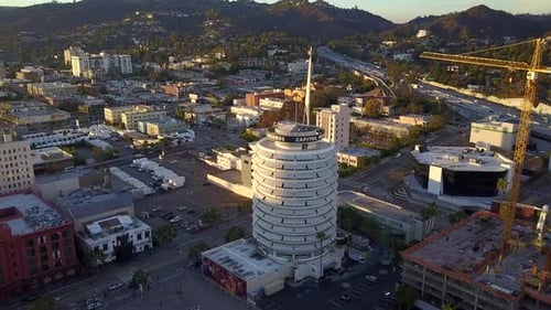 Aerial Drone footage above the famous Capitol Records building in Hollywood. Shot with DJI Mavic dr