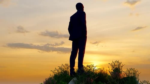 Back View Of Businessman Looking Up At The Starry Sky On The Top Of Mountain