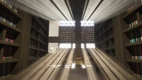 Vintage Library with Tall Bookshelves and Sunshine Rays Entering Room 3D Render