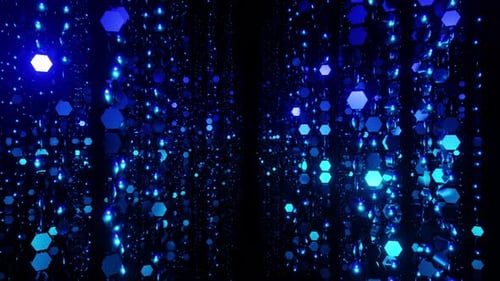 Awards corridor of sparkling blue hexagon particles bokeh or glitter garland vj loop 3d render