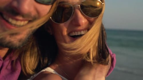 Happy Couple Recording Video, Taking Selfie on Beach, Super 120