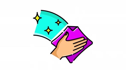 Animated Hand wiping blue surface with pink cloth suitable for cleaning icon
