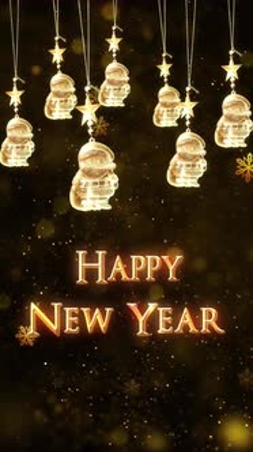 Golden Happy New Year Text Reveal with Festive Hanging Ornaments