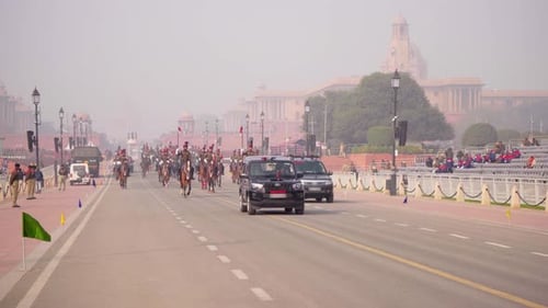 Wide shot of Indian Army on Horse Rehearsing for Republic Day Parade