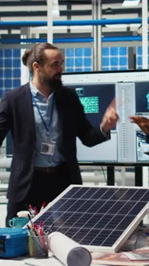 Vídeo vertical: Empresários felizes em fábrica de painéis solares comemorando o aumento das vendas, dançando