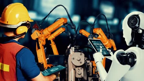 Cybernated Industry Robot and Human Worker Working Together in Future Factory