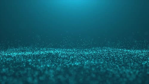 Partículas brillantes y brillantes sobre fondo azul claro. Animación digital de agua con gas. Bajo el agua