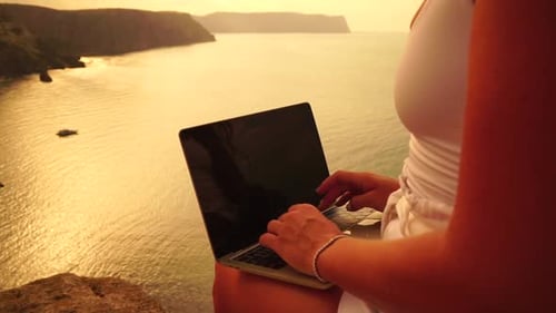 Woman Laptop Sea Happy Successful Woman Female Freelancer Typing on Computer By the Sea at Sunset