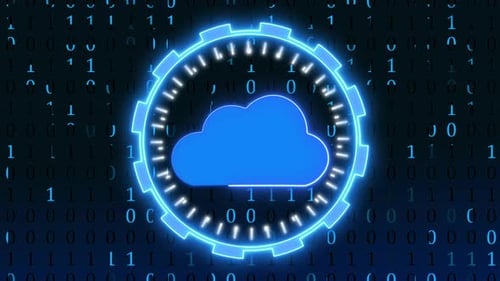 Cloud computing concept with glowing neon ring and binary code on a dark digital background